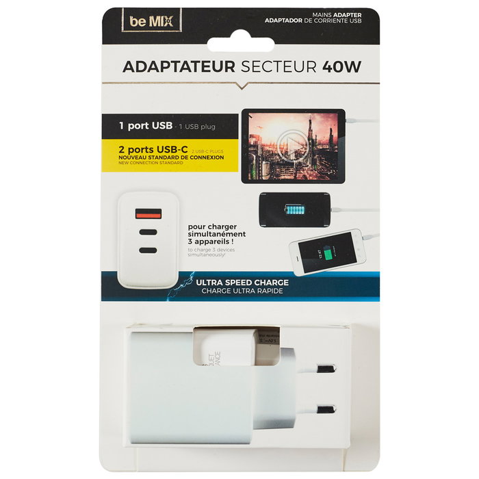 Be Mix Adaptateur de courant 40 W avec 1 port USB et 2 ports USB-C Be Mix Adaptateur de courant 40 W avec 1 port USB et 2 ports USB-C