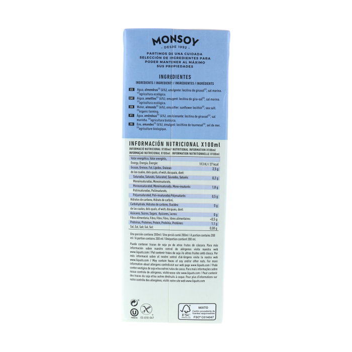 Monsoy Boisson aux Amandes Biologique sans Sucre 1 L