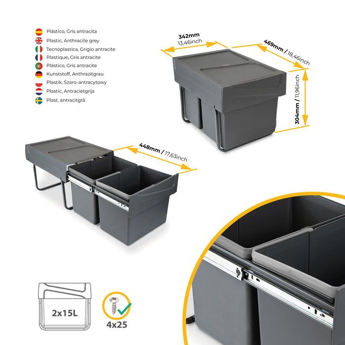 Emuca Recycle Poubelle de recyclage 2x15L Gris anthracite