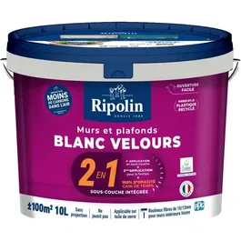 Ripolin - Peinture mur et plafond 2 en 1 blanche velours, sous-couche intégrée, blocage du support, blanc renforcé - 10 litres