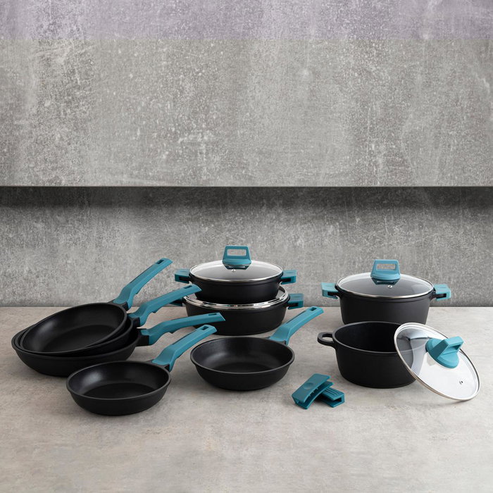 Quid Poêles en Aluminium Fondu Confort 24 cm Bleu (6 Unités) Induction Vitrocéramique Électrique Gaz Antiadhésif