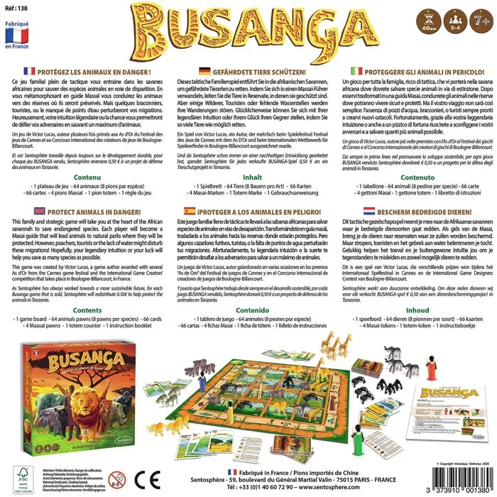 Sentosphere Busunga - Jeu de société stratégique et familial dès 7 ans - Aventure en savane africaine pour sauver 8 espèces en voie de disparition