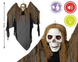 Calavera Colgante Gigante 130 cm avec Capuche Noire et Effets Sonores - Décoration Effrayante