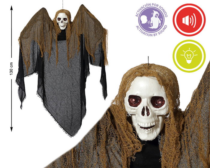 Calavera Colgante Gigante 130 cm avec Capuche Noire et Effets Sonores - Décoration Effrayante Calavera Colgante Gigante 130 cm avec Capuche Noire et Effets Sonores - Décoration Effrayante