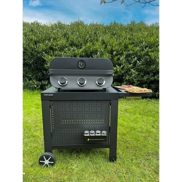 Cook'In Garden Barbecue à gaz Flavo 60 - 3 brûleurs, 8.4 kW, surface de cuisson 60 x 40 cm, allumage piézo, capot avec thermomètre