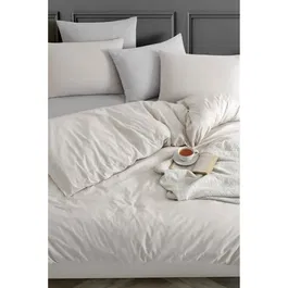 Parure de lit 1 housse de couette 220x240 cm + 2 taies d'oreiller 60x60 cm - 70% coton, 30% polyester - Beige