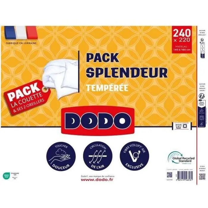 DODO Pack Splendeur - Couette 220 x 240 cm + 2 oreillers 60 x 60 cm - Garnissage 100% Polyester 300 g/m² - Blanc