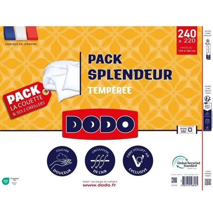 DODO Pack Splendeur - Couette 220 x 240 cm + 2 oreillers 60 x 60 cm - Garnissage 100% Polyester 300 g/m² - Blanc