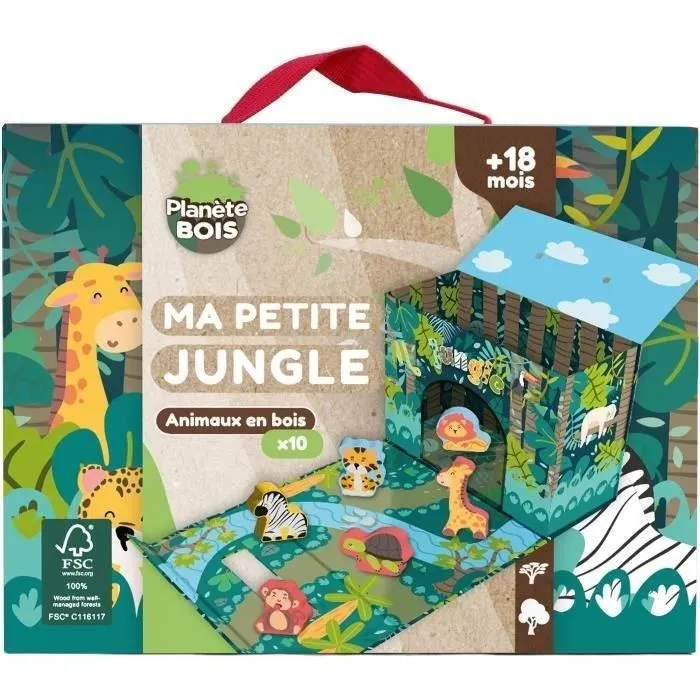 Planete Bois Maison de Jeu Safari - Jouet en Bois avec 10 Animaux de la Jungle pour Enfants à partir de 18 Mois - Développe Motricité et Imagination - Dimensions 24 x 18 cm