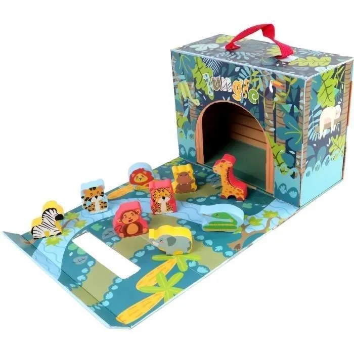 Planete Bois Maison de Jeu Safari - Jouet en Bois avec 10 Animaux de la Jungle pour Enfants à partir de 18 Mois - Développe Motricité et Imagination - Dimensions 24 x 18 cm