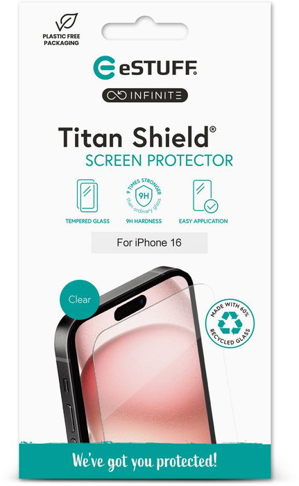eSTUFF INFINITE Protection d'écran Titan Shield® pour iPhone 16 - Verre Trempé 9H Recyclé, Compatible Coques, Kit de Nettoyage Inclus