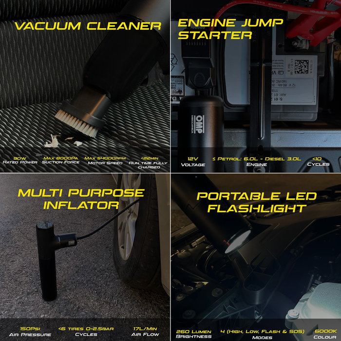 OMP Mécanique OMPS19200001 Kit Portable Multifonction 5 En 1 Démarreur, Compresseur D'Air, Aspirateur, Lampe Torche Et Banque D'Énergie OMP Mécanique OMPS19200001 Kit Portable Multifonction 5 En 1 Démarreur, Compresseur D'Air, Aspirateur, Lampe Torche Et Banque D'Énergie