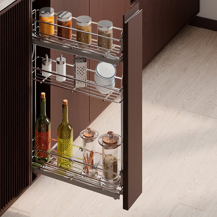 Emuca porte-bouteilles extractible SupraMax avec fermeture à amortie, gauche, 3 plateaux, module 150mm, Acier, Chromé Emuca porte-bouteilles extractible SupraMax avec fermeture à amortie, gauche, 3 plateaux, module 150mm, Acier, Chromé