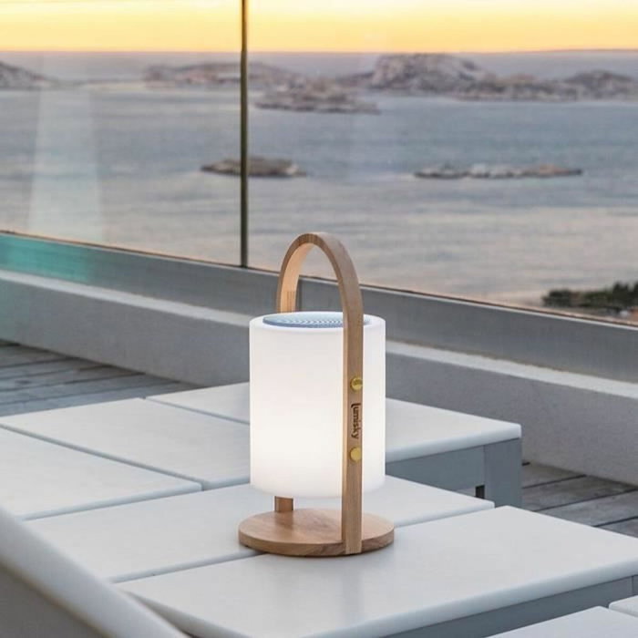 Lumisky Woody Play - Lampe enceinte Bluetooth sans fil avec poignée en bois et LED dimmable