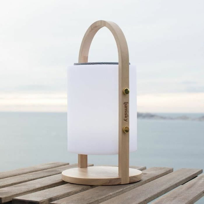 Lumisky Woody Play - Lampe enceinte Bluetooth sans fil avec poignée en bois et LED dimmable