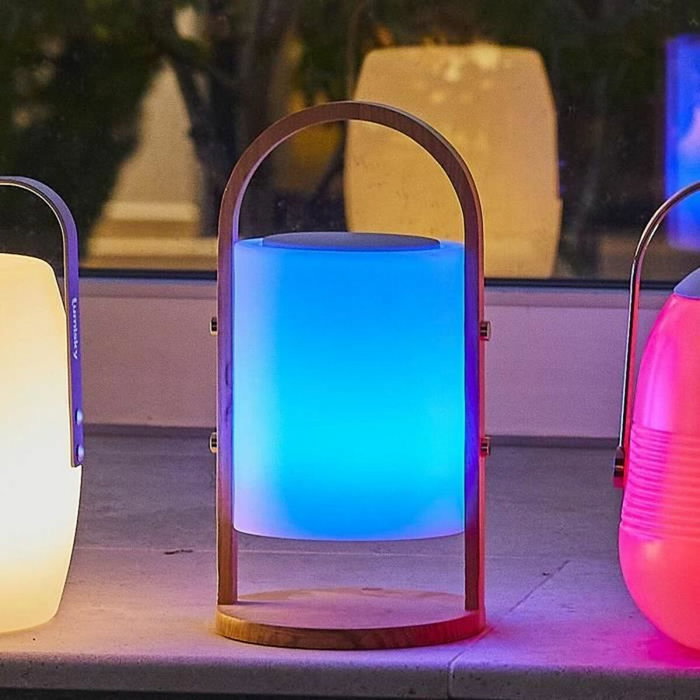 Lumisky Woody Play - Lampe enceinte Bluetooth sans fil avec poignée en bois et LED dimmable