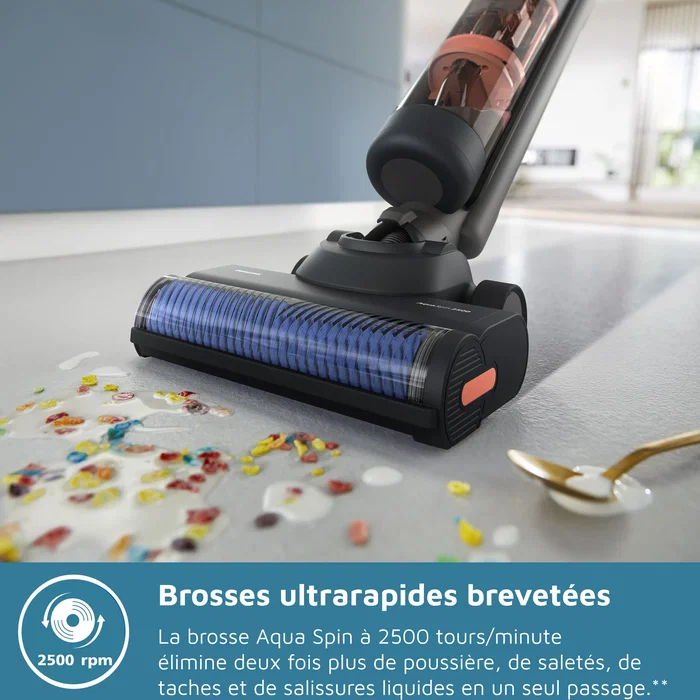 Philips XW6264/11 Aspirateur Balai Laveur 2-en-1 Série 6000 - Technologie AquaSpin, Lavage et Aspiration, Autonomie jusqu'à 30 min, Noir & Corail