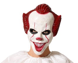 Masque Clown Tueur Blanc avec Cheveux Rouges et Sourire Macabre