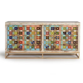 GINER Y COLOMER Buffet 4 portes en bois de manguier et métal, finition blanc vieilli avec incrustations de bronze, 90 cm de large x 40 cm de profondeur
