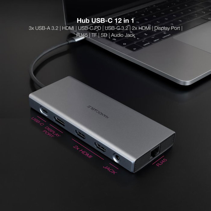 Nanocable Hub USB-C 12 en 1 Multiports avec 3x USB-A 3.2, 2x HDMI 4K, DisplayPort, Ethernet, SD, PD 100W Nanocable Hub USB-C 12 en 1 Multiports avec 3x USB-A 3.2, 2x HDMI 4K, DisplayPort, Ethernet, SD, PD 100W