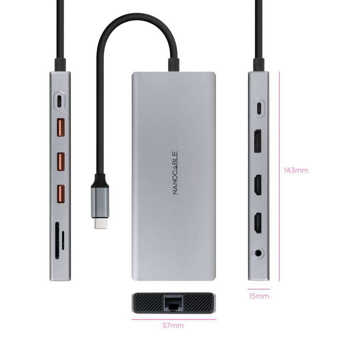 Nanocable Hub USB-C 12 en 1 Multiports avec 3x USB-A 3.2, 2x HDMI 4K, DisplayPort, Ethernet, SD, PD 100W Nanocable Hub USB-C 12 en 1 Multiports avec 3x USB-A 3.2, 2x HDMI 4K, DisplayPort, Ethernet, SD, PD 100W