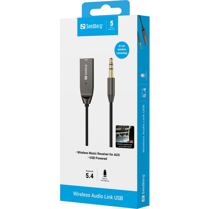 Sandberg Wireless Audio Link USB - Adaptateur Bluetooth USB vers AUX 3.5mm pour Voiture, Enceintes, Amplificateur - Micro Intégré pour Appels Mains Libres
