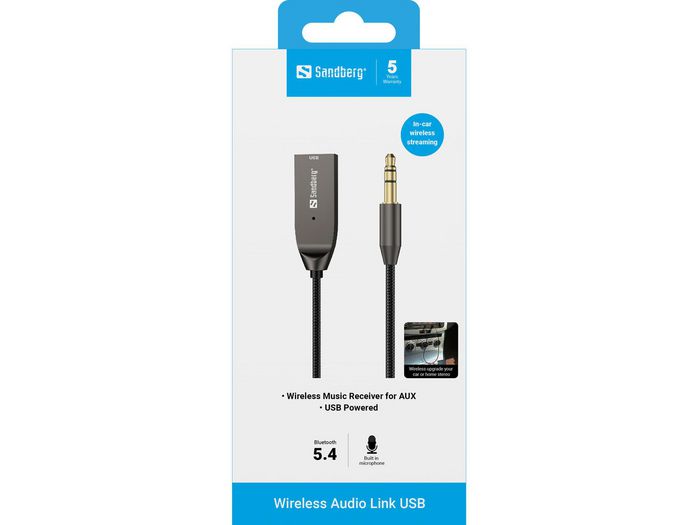 Sandberg Wireless Audio Link USB - Adaptateur Bluetooth USB vers AUX 3.5mm pour Voiture, Enceintes, Amplificateur - Micro Intégré pour Appels Mains Libres