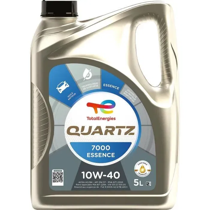 TotalEnergies Quartz 7000 essence 10W-40 - Huile moteur synthèse technologie 5L - Normes ACEA A3/B4, API SN/CF, homologuée PSA, Volkswagen TotalEnergies Quartz 7000 essence 10W-40 - Huile moteur synthèse technologie 5L - Normes ACEA A3/B4, API SN/CF, homologuée PSA, Volkswagen