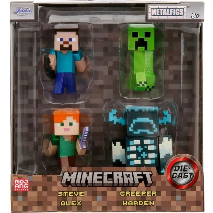 JADA TOYS Minecraft Set de 4 Figurines en Métal Steve, Alex, Creeper et Warden (6 cm) - Figurines Détaillées de Personnages