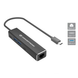 Conceptronic ABBY12G Adaptateur USB Type C vers RJ45 2.5 Gigabit Ethernet avec Hub USB 3.2 Gen1 pour Nintendo Switch Windows Mac Linux Gris
