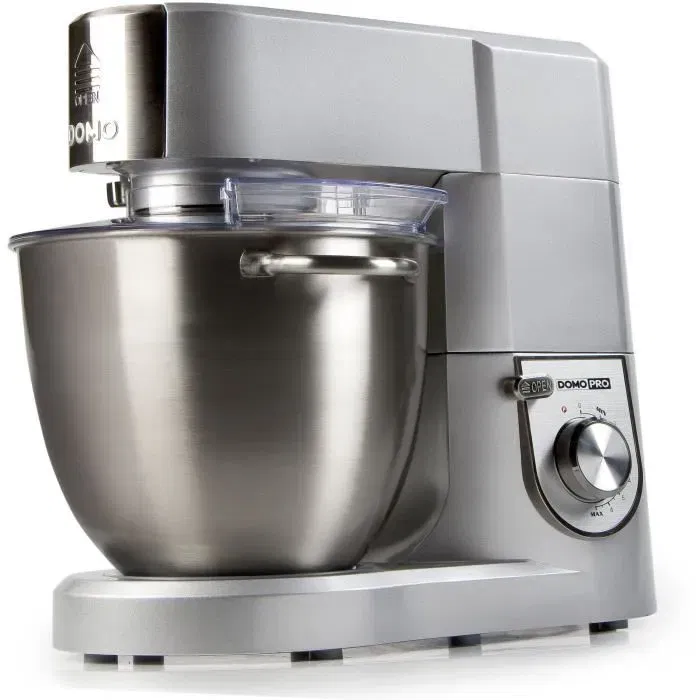 Robot de Cuisine Pro Domo DO9079KR, 1500 W, bol 6.7 L inox, vitesse variable + pulse, avec accessoires (fouet, crochet pétrin), gris
