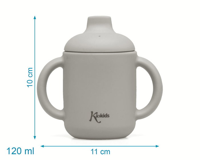 KioKids Tasse d'apprentissage en silicone grise avec poignées 120 mL, pour bébé à partir de 4 mois KioKids Tasse d'apprentissage en silicone grise avec poignées 120 mL, pour bébé à partir de 4 mois