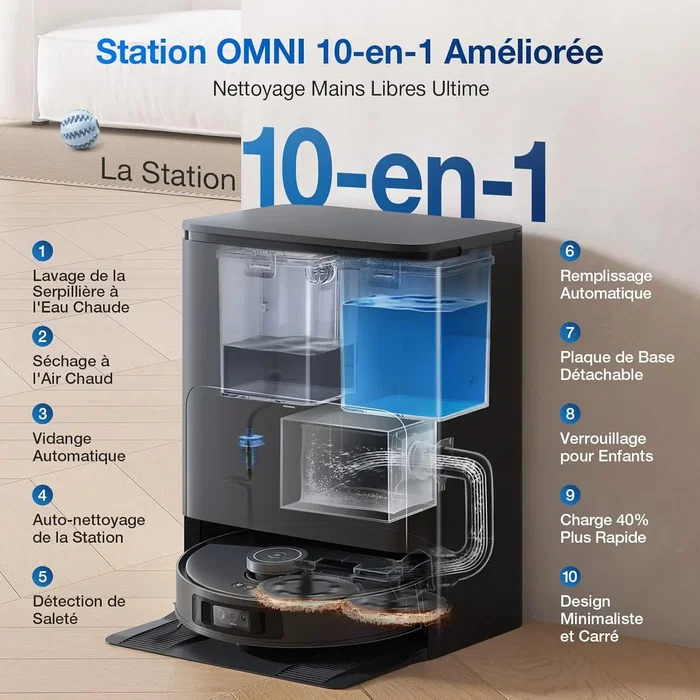 Ecovacs Deebot T30s Pro Gen2 - Robot Aspirateur Laveur avec Station Autonettoyante OMNI - 13500 Pa, Nettoyage à l'Eau Chaude 70°C, Brosse ZeroTangle, IA AIVI 3D 2.0