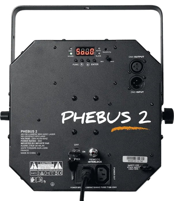 ALGAMLIGHT Phebus2 - Projecteur LED Laser Combo 3 en 1 Derby, Stroboscope et Laser avec DMX - 66W pour Effets Lumière