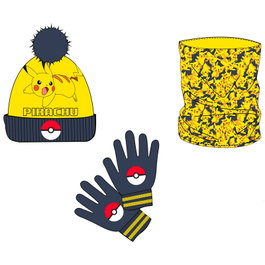 Nintendo Set Bonnet, Tour de Cou et Gants Pokémon Pikachu en Peluche - Ensemble d'Hiver Doux