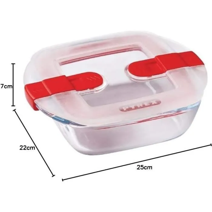 Pyrex 1451022 - Plat rectangulaire avec couvercle en verre borosilicate résistant (25 x 22 cm, 2,2 L) - Va au four, micro-ondes et congélateur - Couvercle vapeur sécurisé