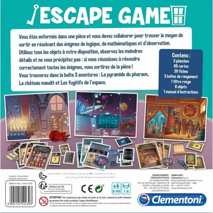 Clementoni - Jeu Escape Game - 3 aventures : Pharaon, Espace, Château - Enigmes pour enfants - 1 à 8 joueurs