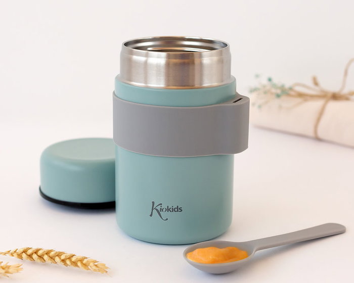 KioKids Termo Papillero Petit Sauvage Thermo bébé 500 mL Acier inoxidable avec cuillère attachée, maintient température 12h, pour enfants +0 mois, couleur Sage