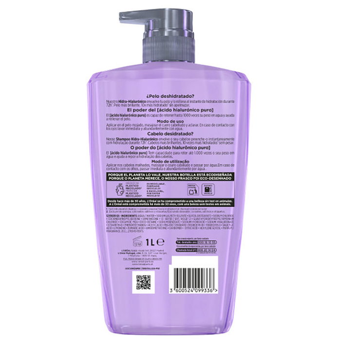 L'Oréal Paris Shampooing Élève Hydra Hyaluronic, Hydratation 72h avec Acide Hyaluronique, 1000 ml