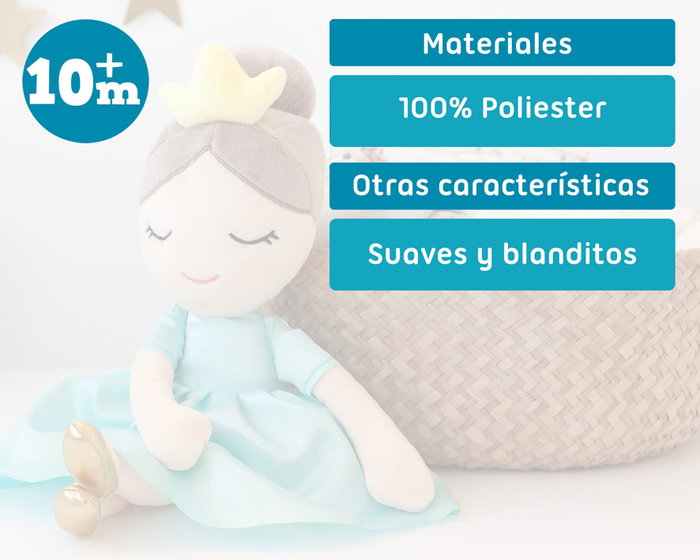 KioKids Peluche Princesse Bleue, Figurine Douce Habillée de Satin avec Ornements Dorés pour Enfants +10 Mois, 40 cm