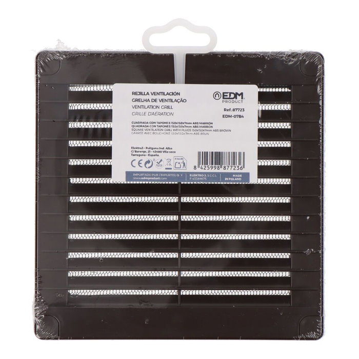 Edm Grille de ventilation carrée avec bouchons et moustiquaire 150x150x7 mm ABS marron