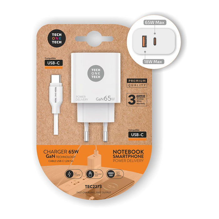 Chargeur Mural + Câble USB-C Tech One Tech TEC2273 Blanc 65 W Chargeur Mural + Câble USB-C Tech One Tech TEC2273 Blanc 65 W
