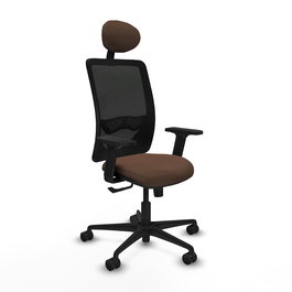Chaise Zulema Synchro 3 positions tissu Marron foncé Maille Noir Base en nylon noir Accoudoir 2D Appui-tête Roulettes 65mm nylon