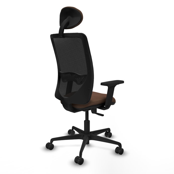 Chaise Zulema Synchro 3 positions tissu Marron foncé Maille Noir Base en nylon noir Accoudoir 2D Appui-tête Roulettes 65mm nylon