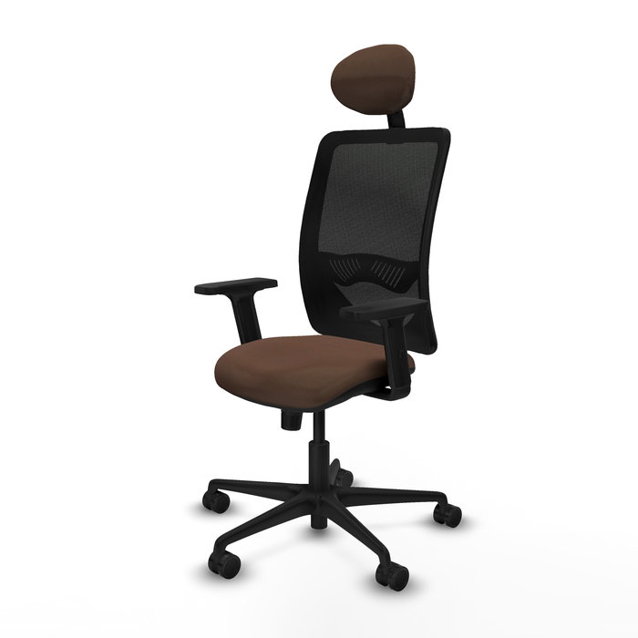 Chaise Zulema Synchro 3 positions tissu Marron foncé Maille Noir Base en nylon noir Accoudoir 2D Appui-tête Roulettes 65mm nylon