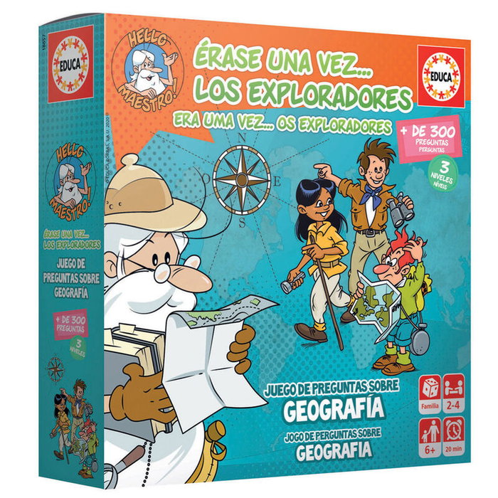 EDUCA BORRAS Jeu de Société Érase una vez... Los Exploradores - Quiz Géographie avec Plateau, 96 Cartes et 4 Pions