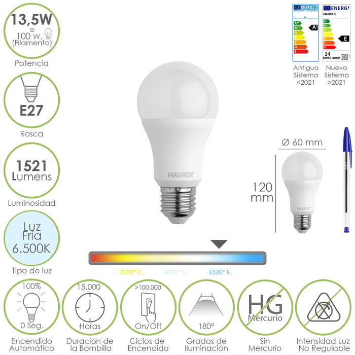 MAURER Ampoule LED Standard E27 13,5W 6500K MAURER Ampoule LED Standard E27 13,5W 6500K