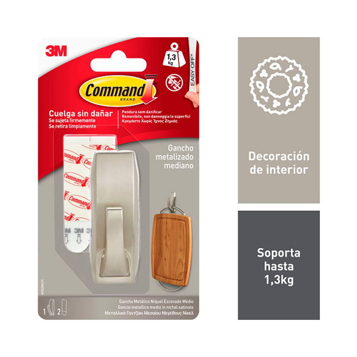 3M Command Crochet Moyen Nickel Poli 29 x 79 x 29 mm 1 Crochet + 2 Bandes Max 1,3 kg