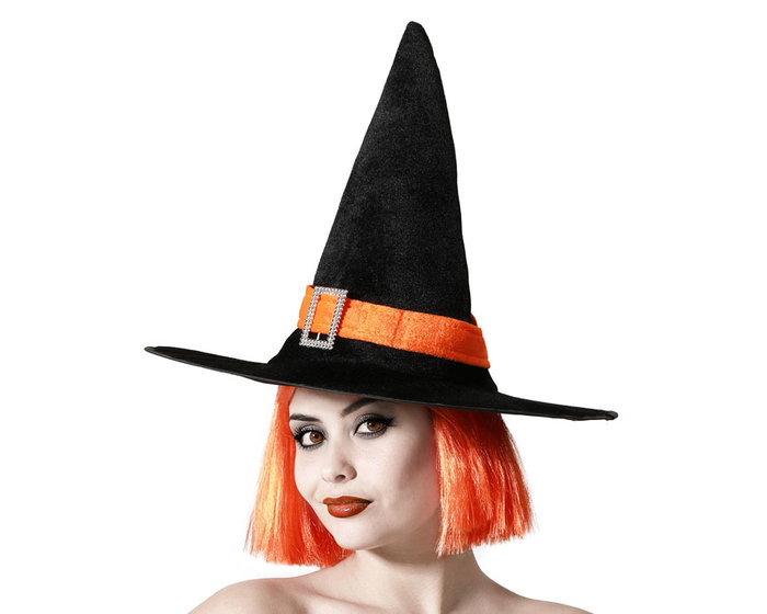 Chapeau de sorcière noir avec ruban orange et boucle brillante - Accessoire pour déguisement Halloween Chapeau de sorcière noir avec ruban orange et boucle brillante - Accessoire pour déguisement Halloween