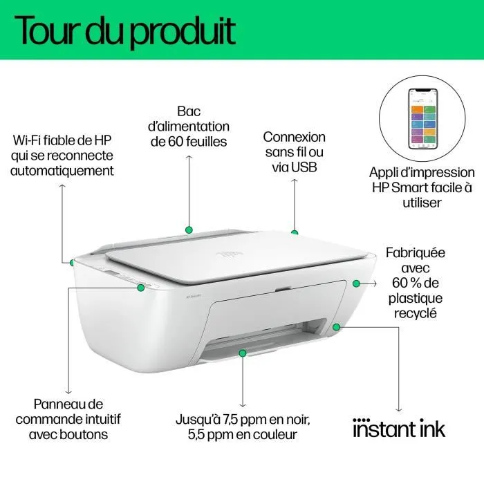 HP DeskJet 2810e - Imprimante multifonction jet d'encre couleur sans fil compacte